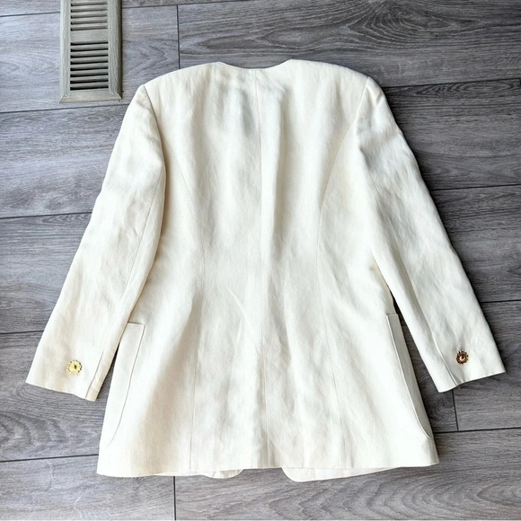 Vintage Louis Feraud Set Ivory Linen Blend Palm Tree Beaded Accent Blazer - Picture 12 of 16